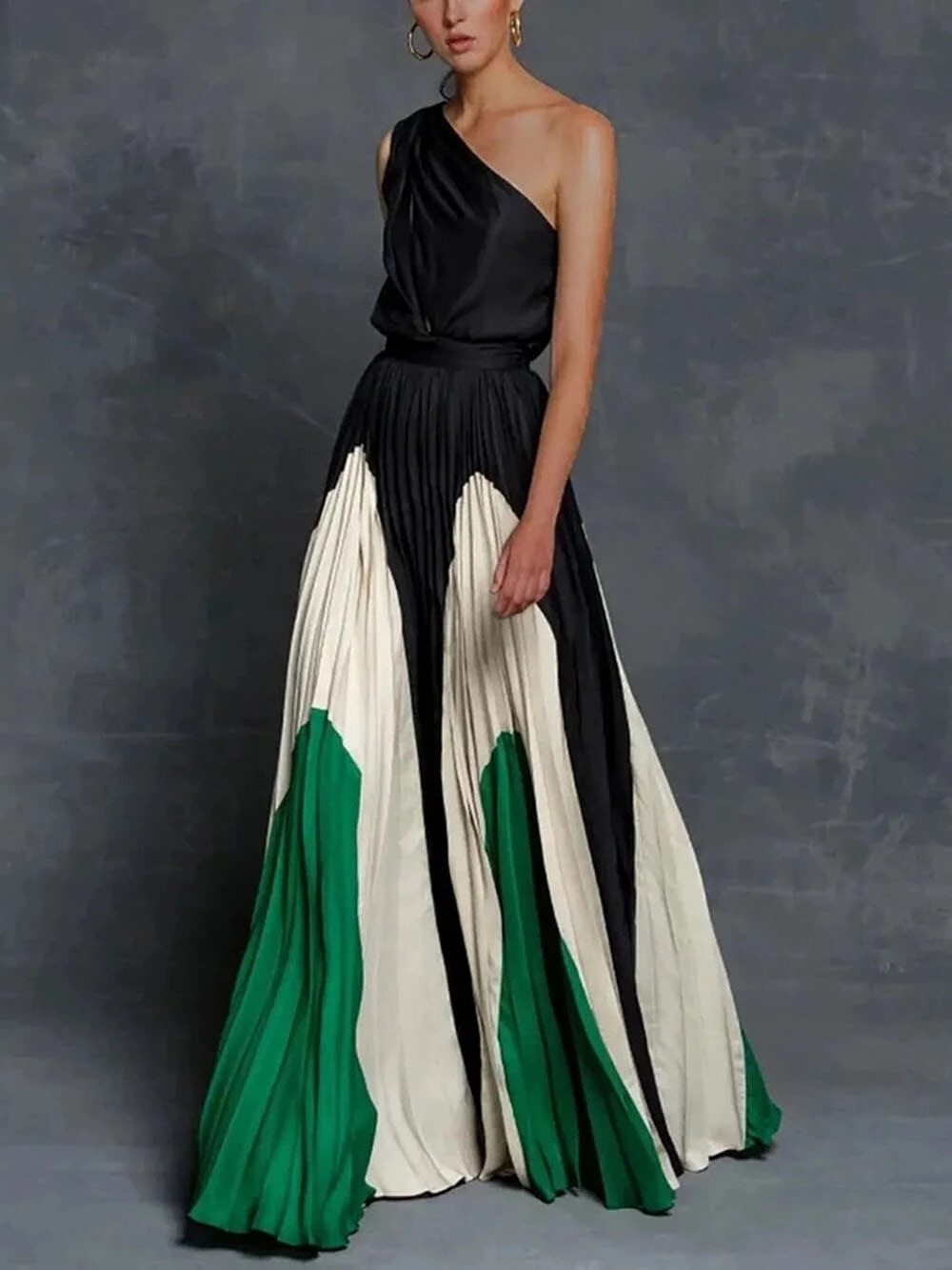 Women’s Black one shoulder color blocked Maxi Dress with Green & White Panels